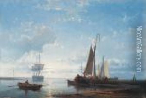 Fishing Vessels In A Calm Estuary At Dusk Oil Painting - Abraham Hulk Jun.