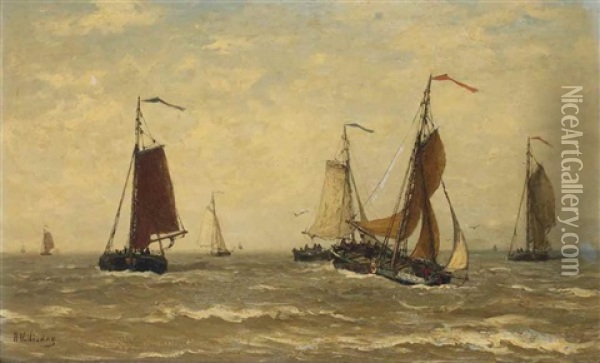 Barques Au Large: Bomschuiten In The Breakers Oil Painting - Hendrik Willem Mesdag