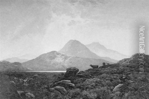 Mountainous Landscape With Cattle Oil Painting - Arthur Gilbert