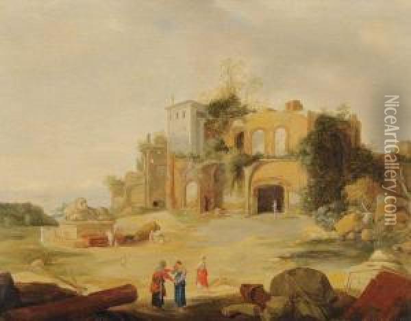 Paysage Italianisant Aux Ruines Antiques Oil Painting - Pieter Anthonisz. van Groenewegen