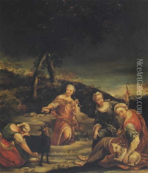 Four Shepherdesses In A Landscape Oil Painting - Giuseppe Maria Crespi