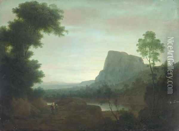 An extensive mountainous landscape with the Flight from Egypt Oil Painting - Jakob Philippe Hackert