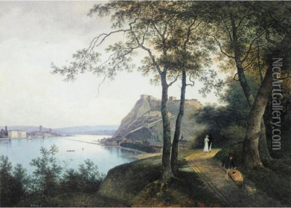 A Rhine View, With Koblenz To The Left And Ehrenbreitstein Opposite Oil Painting - Henri Knip