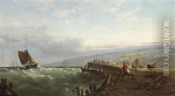 Fishing Boat Approaching A Pier In Heavy Seas Oil Painting - Edwin Hayes