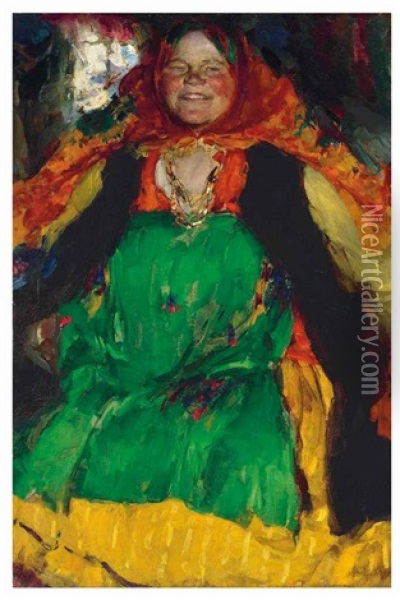 Peasant Woman In A Green Sarafan Oil Painting - Abram Efimovich Arkhipov