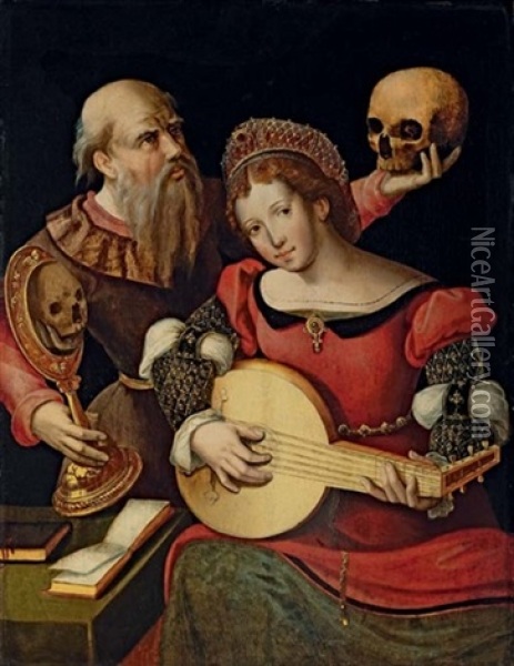 A Vanitas With A Lady Playing A Lute And A Man Holding A Skull And A Mirror Oil Painting -  Master of the Female Half Lengths