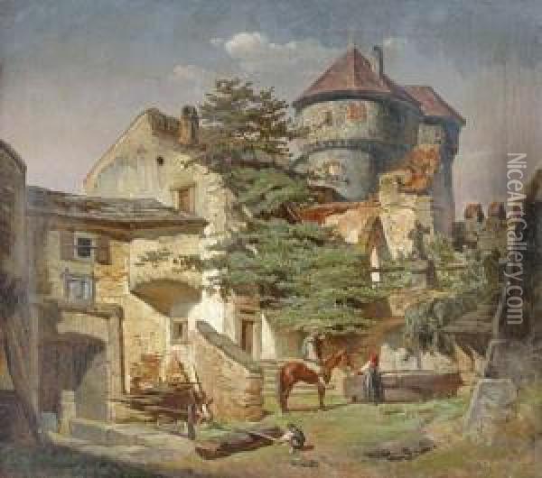 Castle Court-yard In Slovakia. Oil Painting - Franz Bohumir Zverina