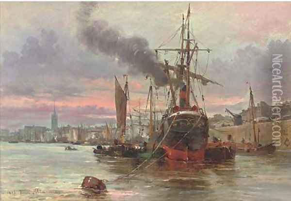 Vessels moored at the quay, a French port Oil Painting - Saverio Altamura