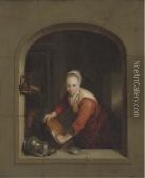 A Girl Washing Pans At A Casement Oil Painting - Gerrit Dou
