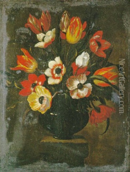 Nature Morte Au Vase De Tulipes Et Anemones Sur Un Entablement Oil Painting - Giacomo Recco