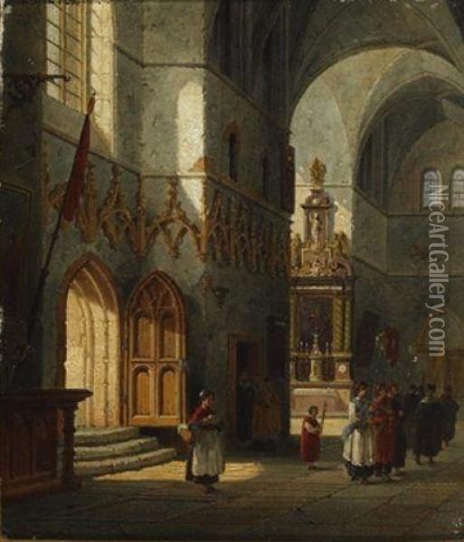 Figures In A Church Interior Oil Painting - Emile Pierre J. De Cauwer