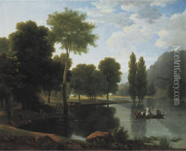 Rowing Party In A Landscape Oil Painting - Jean-Victor Bertin
