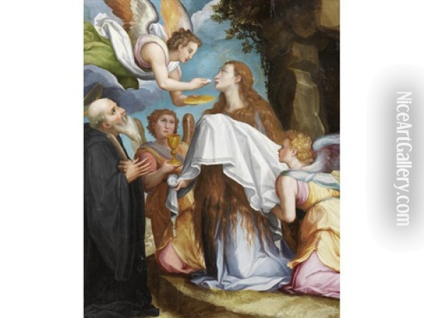 The Last Communion Of Mary Magdalen With Saint Benedict Oil Painting - Alessandro di Cristofano Allori