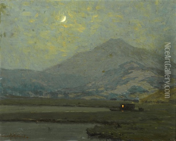 Mount Tamalpais In Moonlight With A Moored Vessel In The Marshes Below Oil Painting - Granville S. Redmond