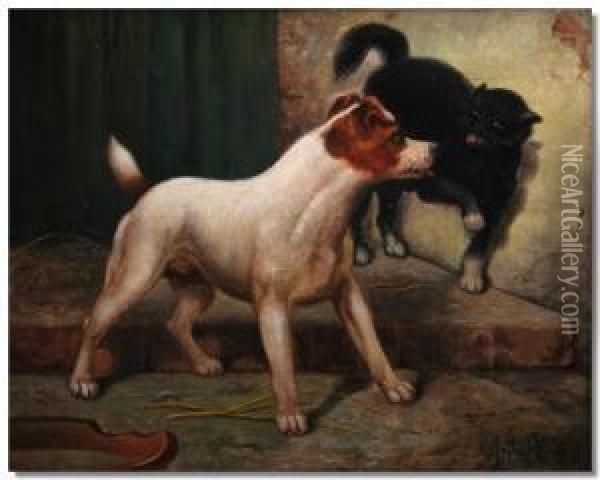 Study Of A Terrier Teasing A Cat Oil Painting - Arthur Batt