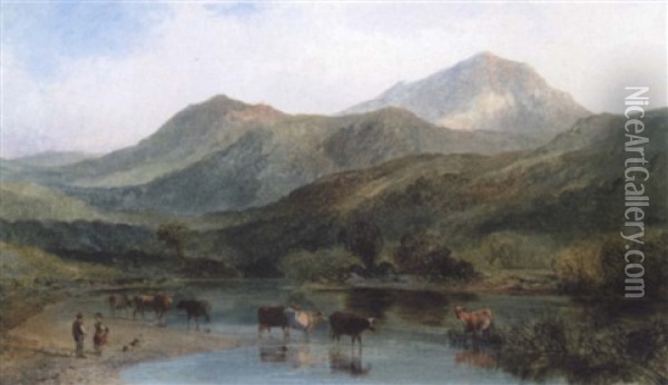 Cattle Watering At A Lake Oil Painting - George Shalders