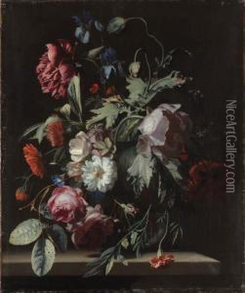 Roses, Irises, Poppies, A 
Paeony, Morning Glory, Carnations And Other Flowers In A Vase, On A 
Stone Table Oil Painting - Simon Pietersz. Verelst