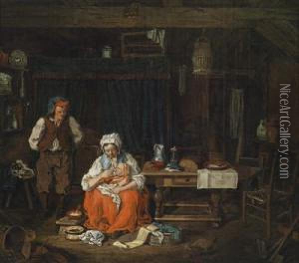 A Rustic Interior With A Nursing Youngmother Oil Painting - Pierre-Alexandre Wille