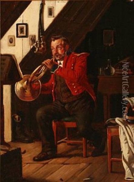 A Man Is Practicing On His Bugle Oil Painting - Carl Carlsen