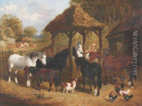 Goat And Chickens With Cattle In A Yard Oil Painting - John Frederick Herring Snr