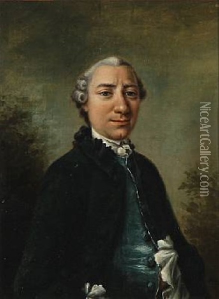 Portrait Of A Distinguished Gentleman With A Blue Jacket And Light Blue Vest Oil Painting - Johan Georg Hertzog