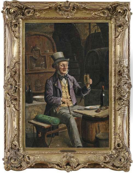 Beer Drinker In A Cellar. Oil Painting - Hermann Kern