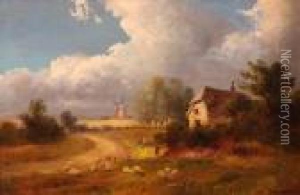 Country Landscape With Figure And Sheep By A Cottage Oil Painting - Patrick, Peter Nasmyth