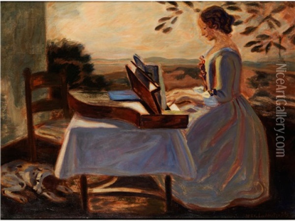Junge Frau Am Spinett Oil Painting - Ludwig Von Herterich