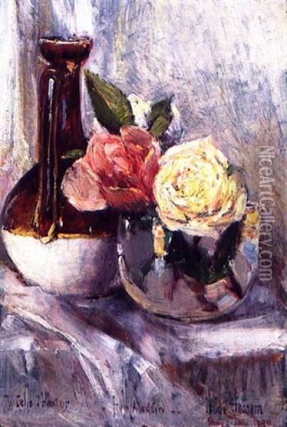 Roses In Bowl With Jug, Isles Of Shoals Oil Painting - Childe Hassam