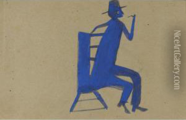 Man In A Blue Chair With A Pipe Oil Painting - Bill Traylor