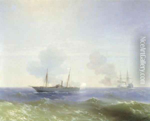 Battle of steamship Vesta and Turkish ironclad Oil Painting - Ivan Konstantinovich Aivazovsky