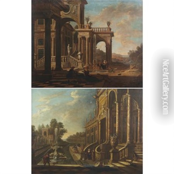Capricci Of Palaces With Fountains (+ Figures Strolling; 2 Works) Oil Painting - Giovanni Ghisolfi
