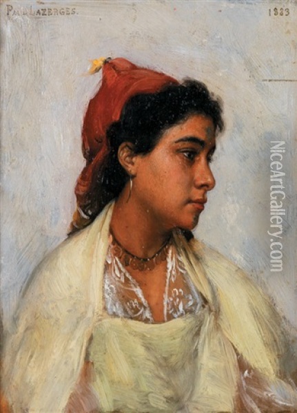 Portrait De Jeune Fille Au Voile Rouge Oil Painting - Paul Jean Baptiste Lazerges