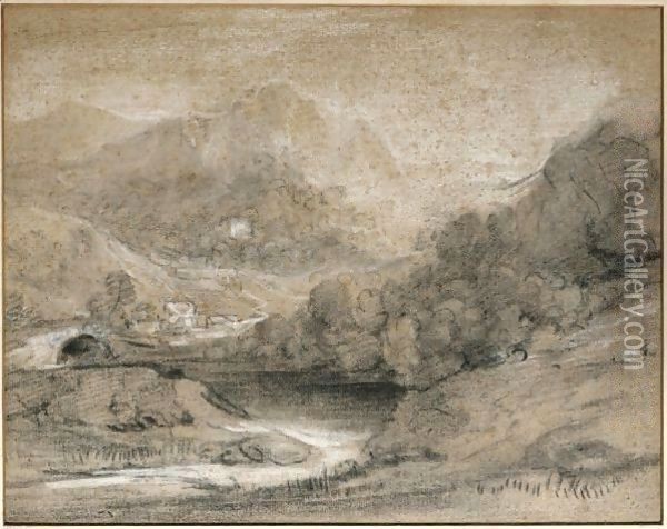 Wooded Mountain Landscape With River And Buildings Oil Painting - Thomas Gainsborough