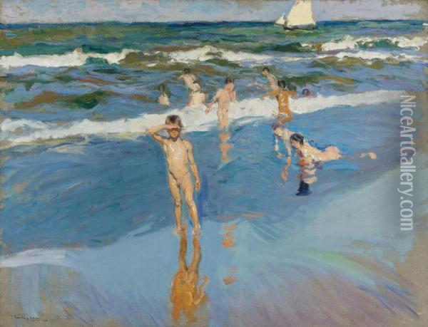 Niaos En El Mar. Playa De Valencia (children In The Sea, Valencia Beach) Oil Painting - Joaquin Sorolla Y Bastida
