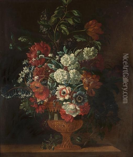 Tulips, Poppies, Delphiniums, 
Lilac And Other Flowers In A Gilt-mounted Ormolu Vase On A Wooden Ledge Oil Painting - Pieter III Casteels
