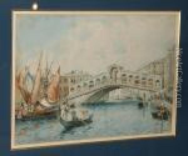 Venezia, The Rialto Bridge, Signed And Inscribed 'a Degrossi, Venezia' Oil Painting - Adelchi De Grossi