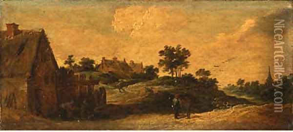 Peasants talking on a path, a washerwoman before a house, a church beyond Oil Painting - David III Teniers