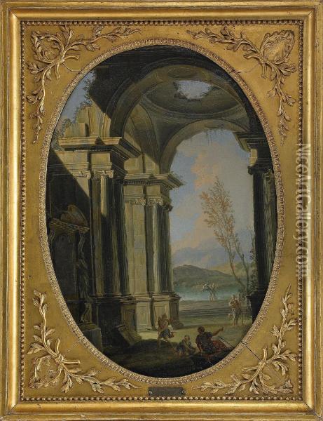 Antik Tempelruin Med Figurscen Oil Painting - Gennaro Greco, Il Mascacotta