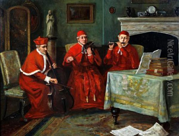 Cardinals In An Interior Playing Musical Instruments Oil Painting - David W. Haddon