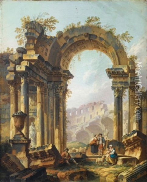 Bergers Se Reposant Dans Un Paysage De Ruines Romaines Oil Painting - Pierre Antoine Demachy