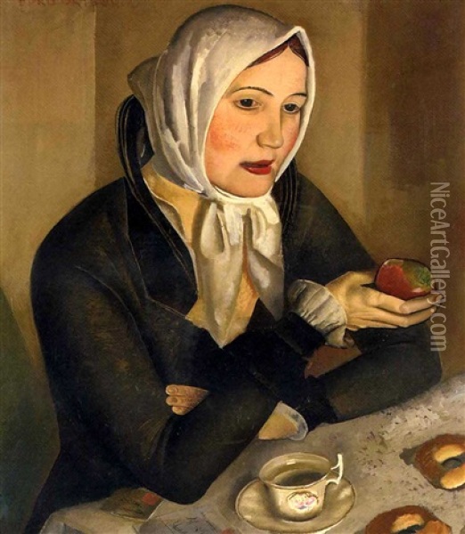 Woman With Apples Oil Painting - Boris Dmitrievich Grigoriev