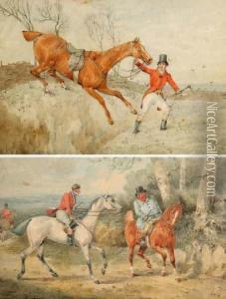 Leading His Horse Over A Brook And The Jolly Huntsman On Horseback Oil Painting - Henry Thomas Alken