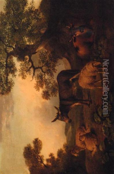 Sheep, A Donkey, And A Cow, Resting In A Landscape Oil Painting - Julius Caesar Ibbetson