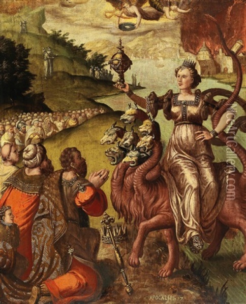 The Whore Of Babylon Riding The Seven-headed Beast Oil Painting - Anthuenis Claeissins