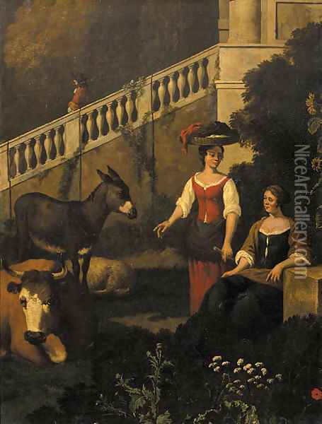 Peasantwomen in the garden of a mansion Oil Painting - Gerrit Adriaensz Berckheyde