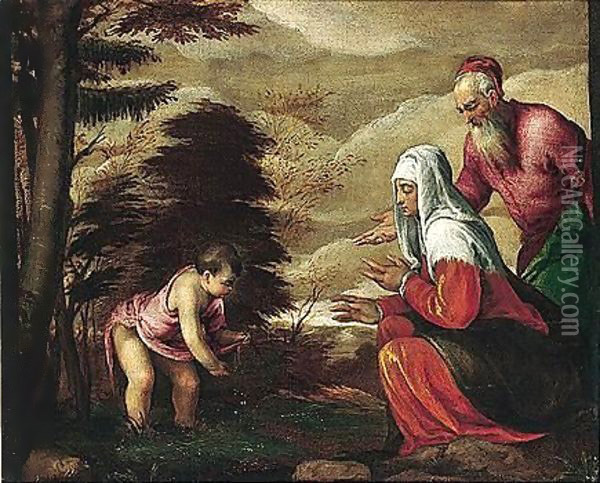 The Infant Saint John The Baptist Taking Leave Of His Parents Oil Painting - Jacopo Bassano (Jacopo da Ponte)