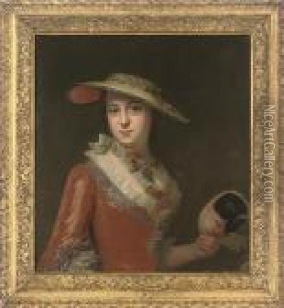 Portrait Of A Lady, Half-length,
 In A Red Embroidered Dress, And Astraw Hat, A Mask In Her Left Hand Oil Painting - Antoine Pesne