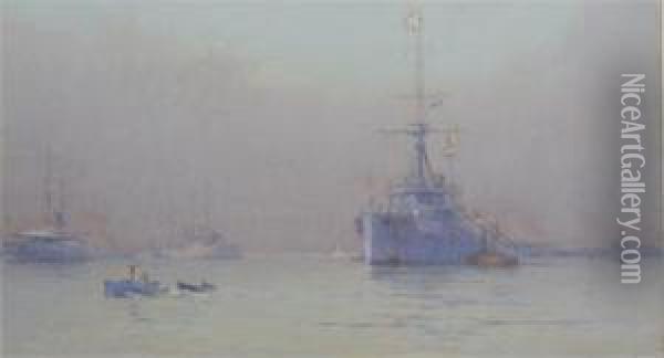 British Battleships Moored Off The Coast Oil Painting - Alma Claude Burlton Cull