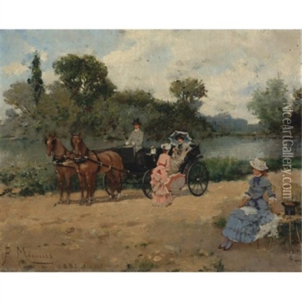 Carriage Ride By The River Oil Painting - Francisco Miralles y Galup